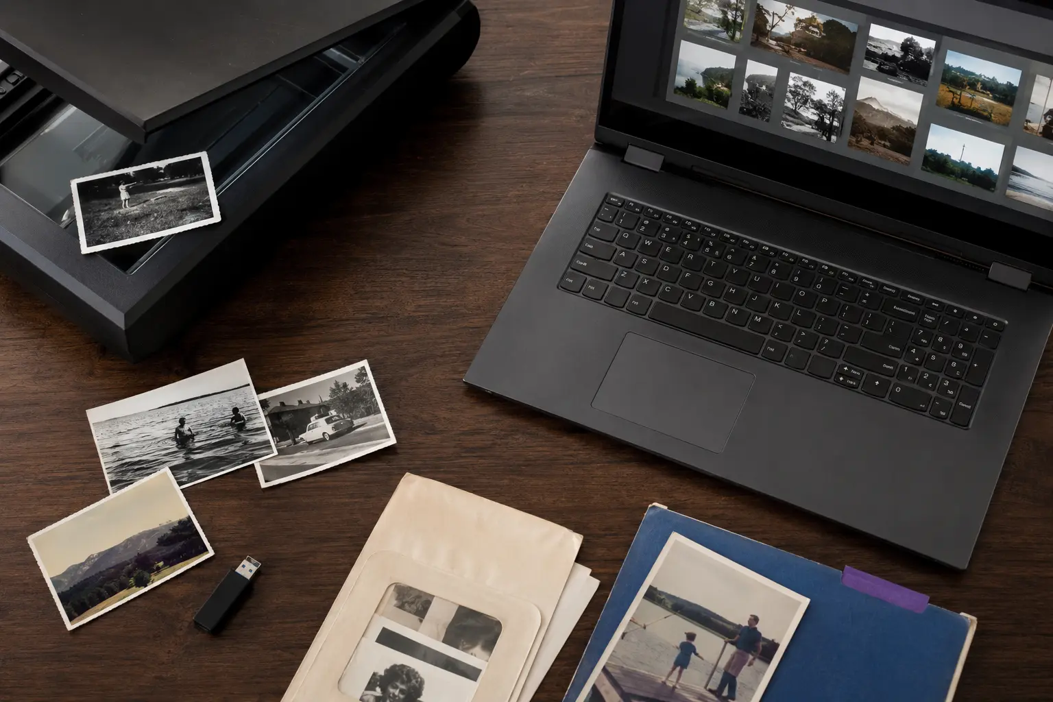 Printed photographs, scanner and laptop arranged for photo organization