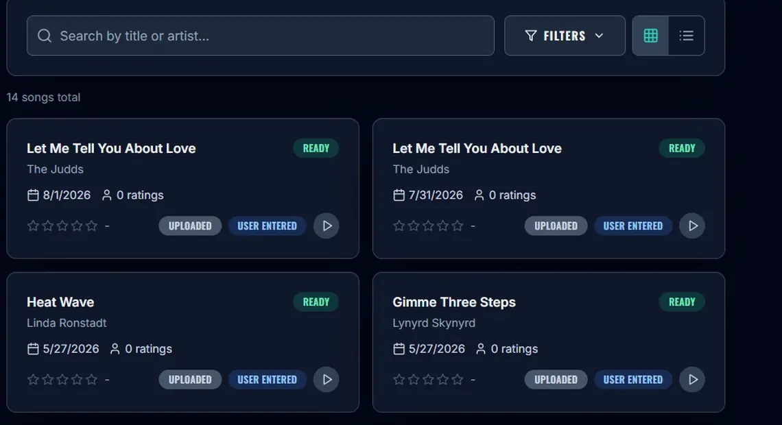 Sanitized song library with search, filters, status labels, and organized song cards