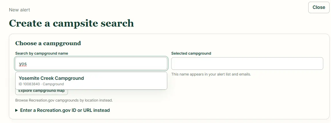 Sanitized campsite search form showing campground selection and the beginning of the trip criteria