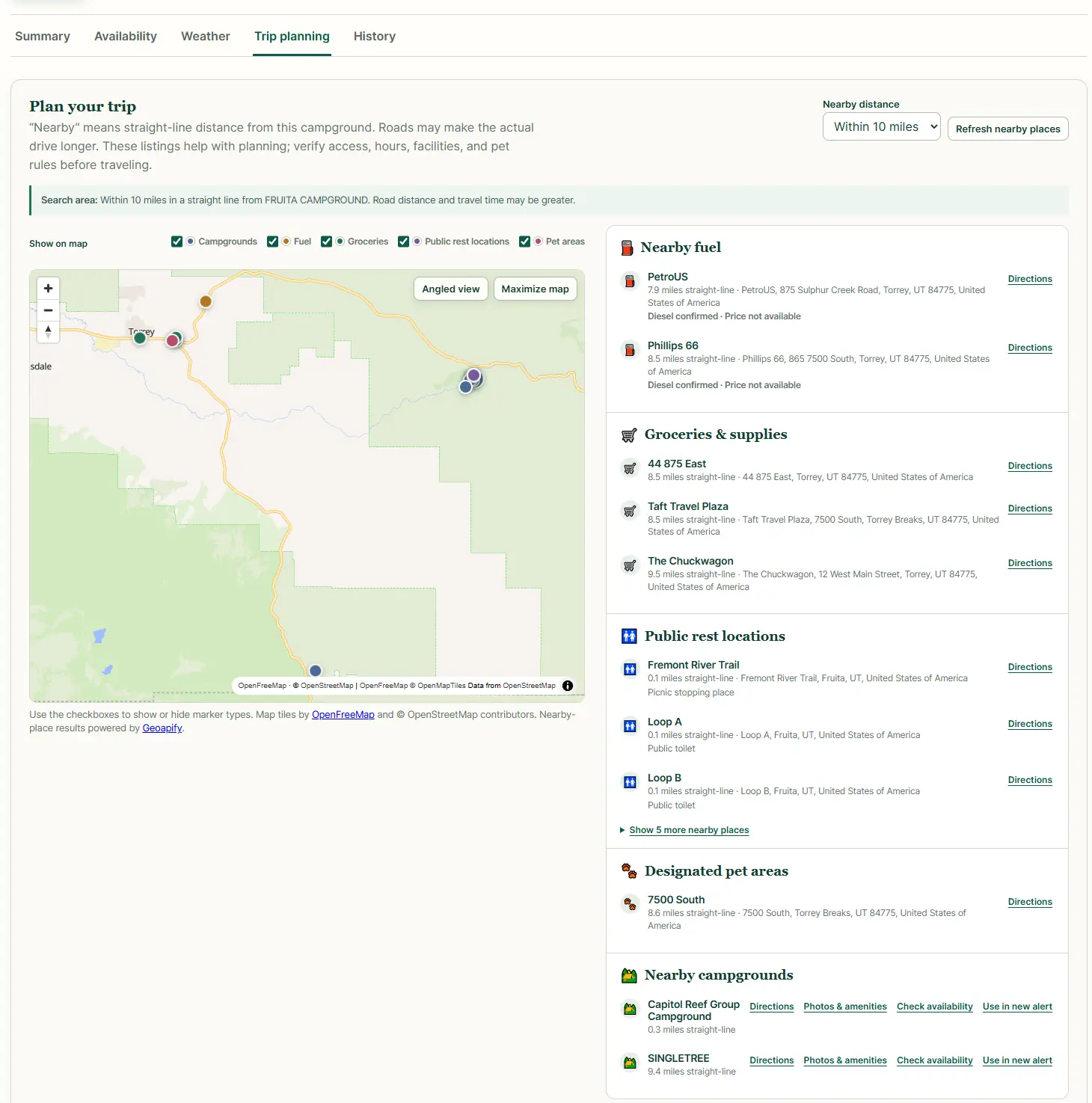 Sanitized trip-planning view with a map and grouped nearby fuel, groceries, rest locations, pet areas, and campgrounds