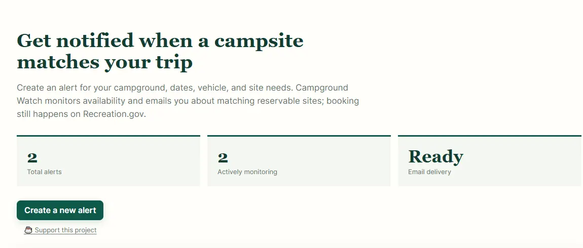 Sanitized Campground Watch dashboard summarizing active campsite alerts and email-delivery readiness